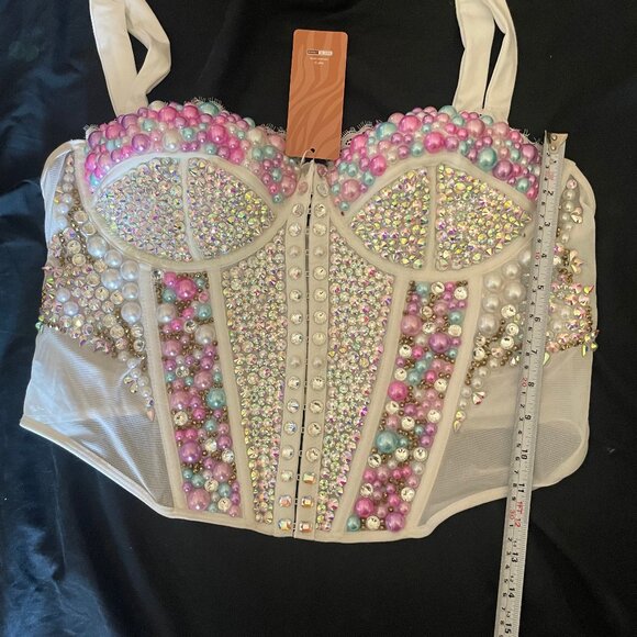 Boudior Corset Upcycled Bustier Rhinestones Crystals Pearls Punk Goth BDSM - Picture 1 of 5
